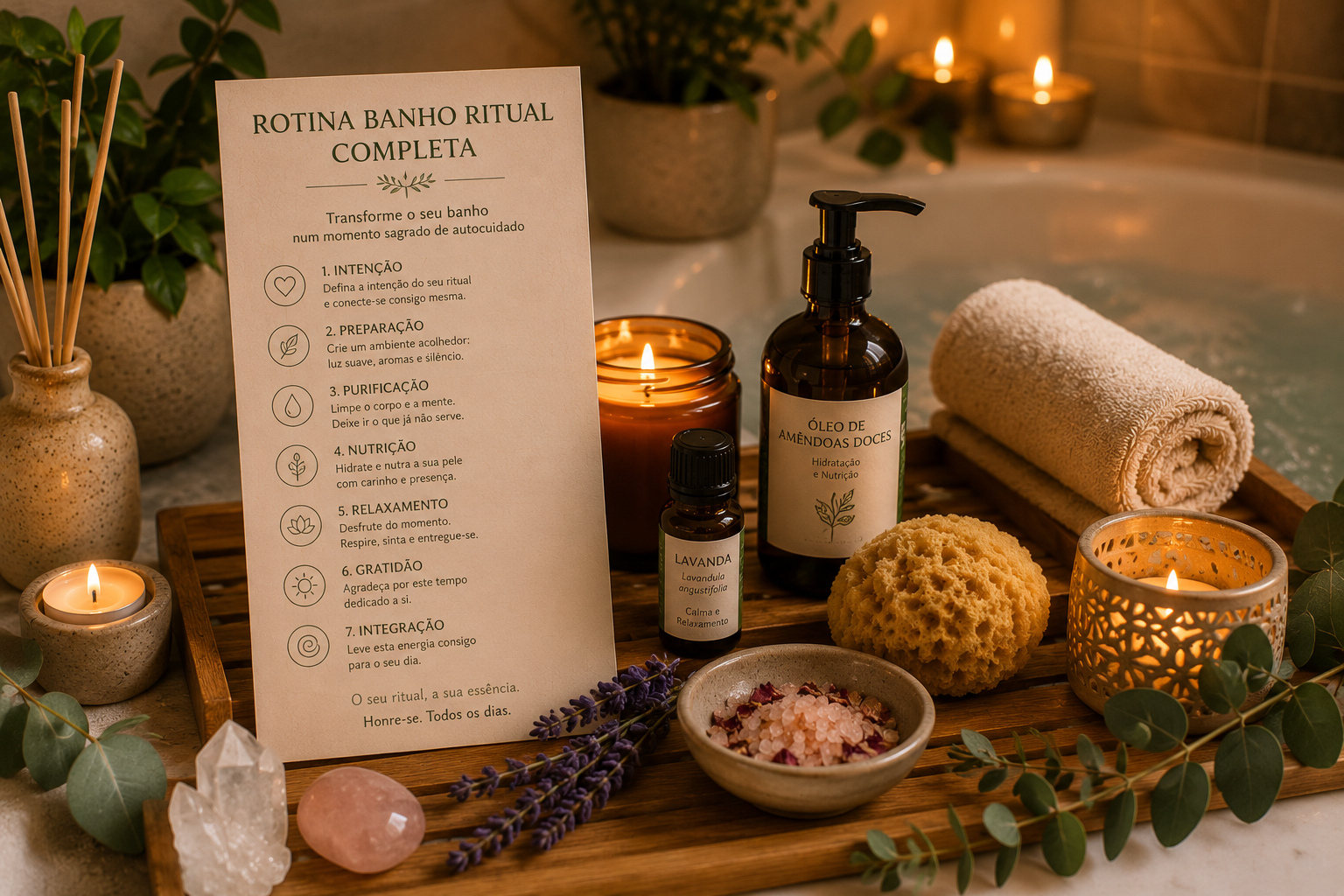 Rotina de Banho Ritual Completa: Esfoliante, Bomba, Sal e Óleos Rotina de Banho Ritual Completa: Esfoliante, Bomba, Sal e Óleos